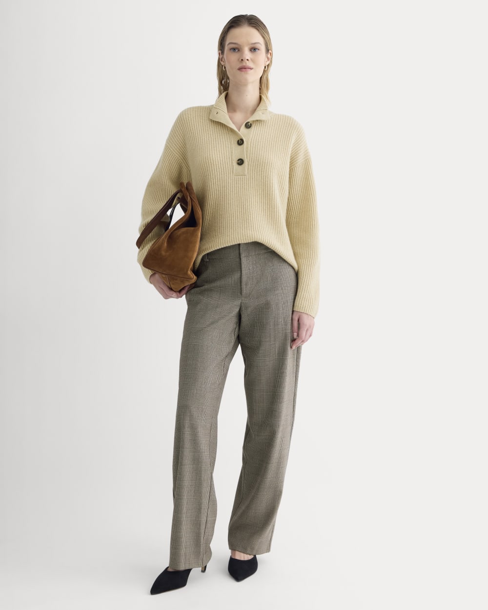 The Cocoon Henley in Wool Cashmere | Heather Light Camel - Image 3