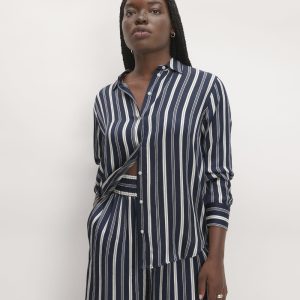 The Satin Relaxed Shirt |  Navy / Bone