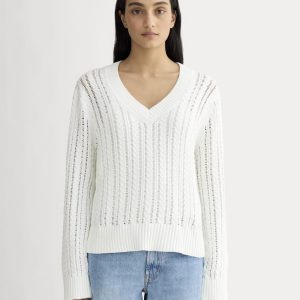 The Mesh Cable V-Neck in Everyday Cotton | White