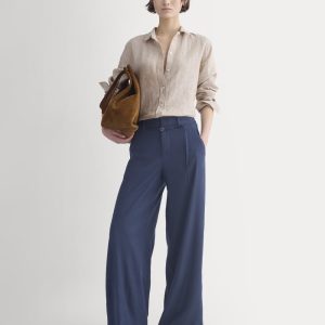 Wide-Leg Belted Pant in Stretch Linen | Navy | Regular