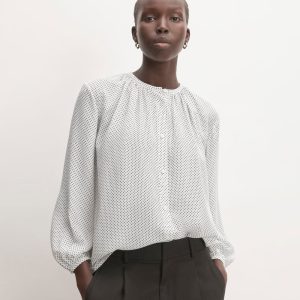 The Washable Clean Silk Shirred Blouse | Bone / Black Polka Dot