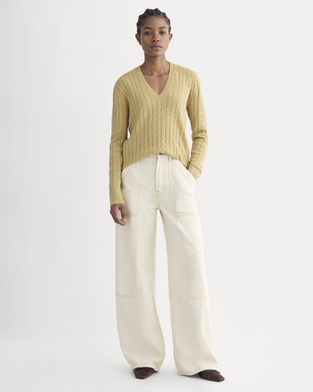 The Cable V-Neck in Cotton Cashmere | Classic Khaki - Image 3
