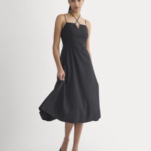 Tie-Neck Dress in Stretch Linen | Black