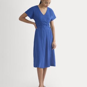 Cinched Dress in Stretch Linen | Estate Blue