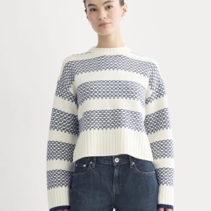 Nordic Cropped Boxy Crew in Luxe Merino | Bone/True Navy